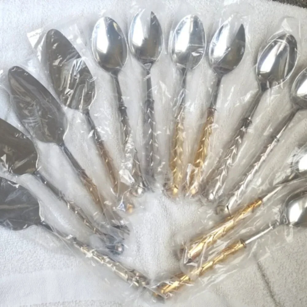 12 PC LOT French Silver Gold Plate Stainless Spoon Salad Cake Hostess Server SET